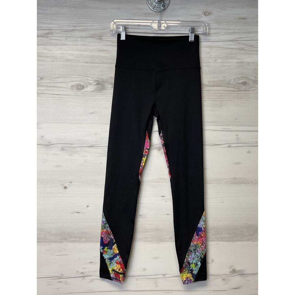 Soulgani Active Leggings Womens XXS Black High Rise‎ Floral Trim Yoga Gym Pants